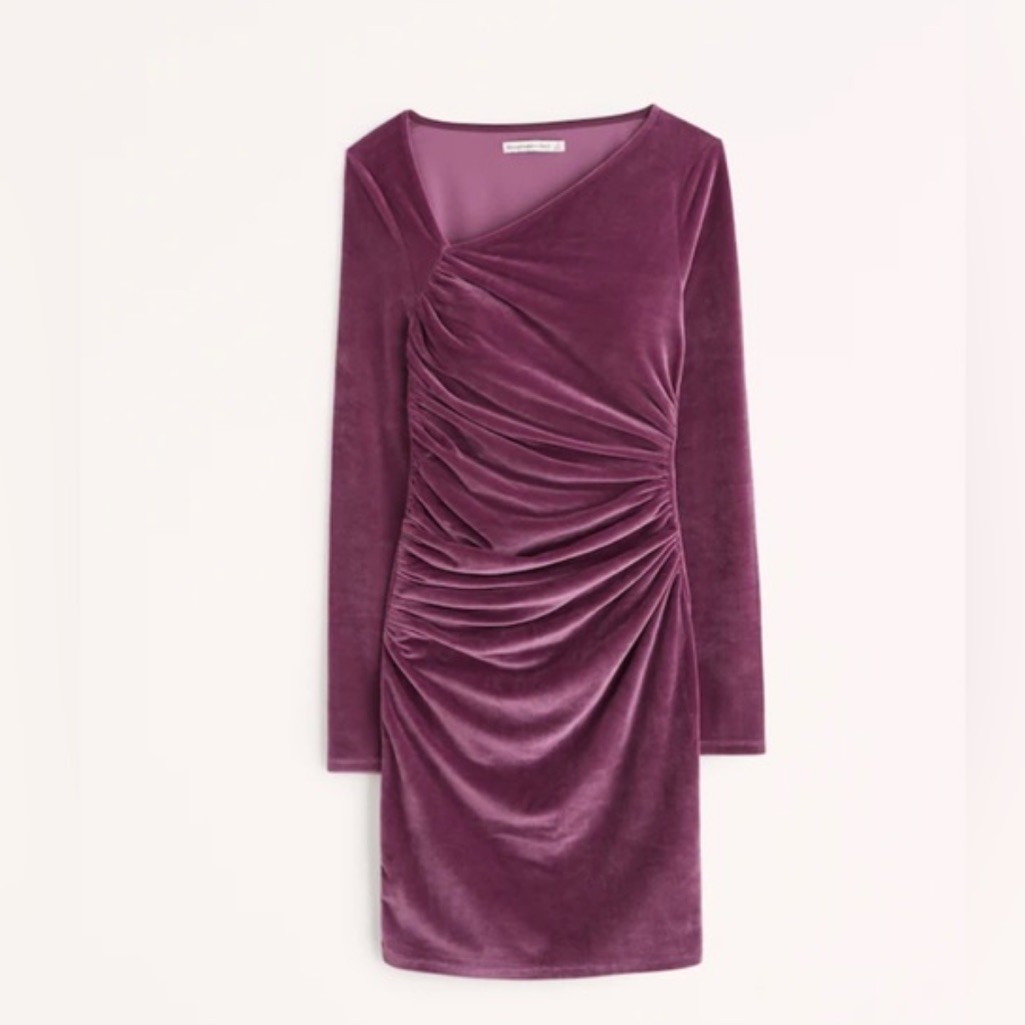 Abercrombie & Fitch Ruched Velvet Long-Sleeve Dress - Plum